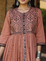 Thumbnail for Juniper Women's Onion Pink & Black Cotton Embroidered Anarkali Dress With Jacket & Tie-Dye Dupatta - Distacart