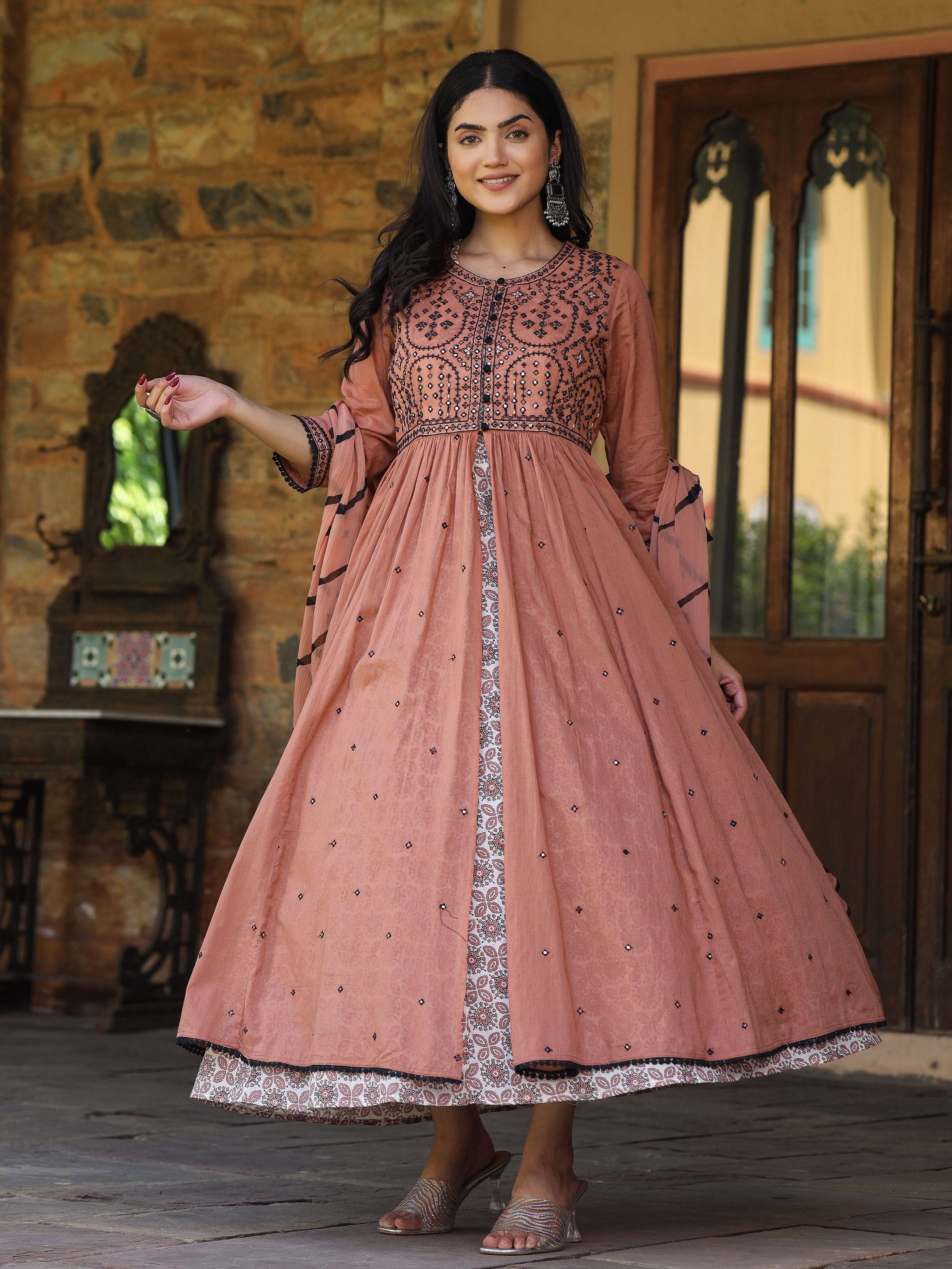Juniper Women's Onion Pink & Black Cotton Embroidered Anarkali Dress With Jacket & Tie-Dye Dupatta - Distacart