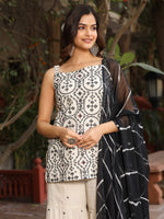 Thumbnail for Juniper Women's Off-White & Black Pure Cotton Embroidered Short Kurta Sharara & Dupatta Set - Distacart
