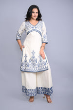 Thumbnail for Juniper Women's White Cotton Dobby Embroidered Short Kurta Palazzo & Chiffon Dupatta - Distacart