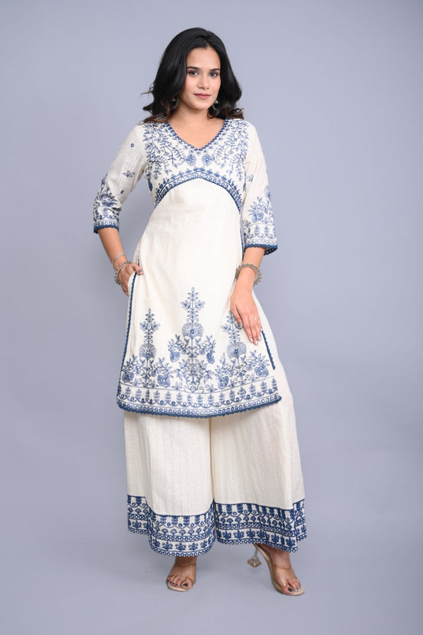 Juniper Women's White Cotton Dobby Embroidered Short Kurta Palazzo & Chiffon Dupatta - Distacart