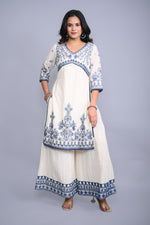 Thumbnail for Juniper Women's White Cotton Dobby Embroidered Short Kurta Palazzo & Chiffon Dupatta - Distacart
