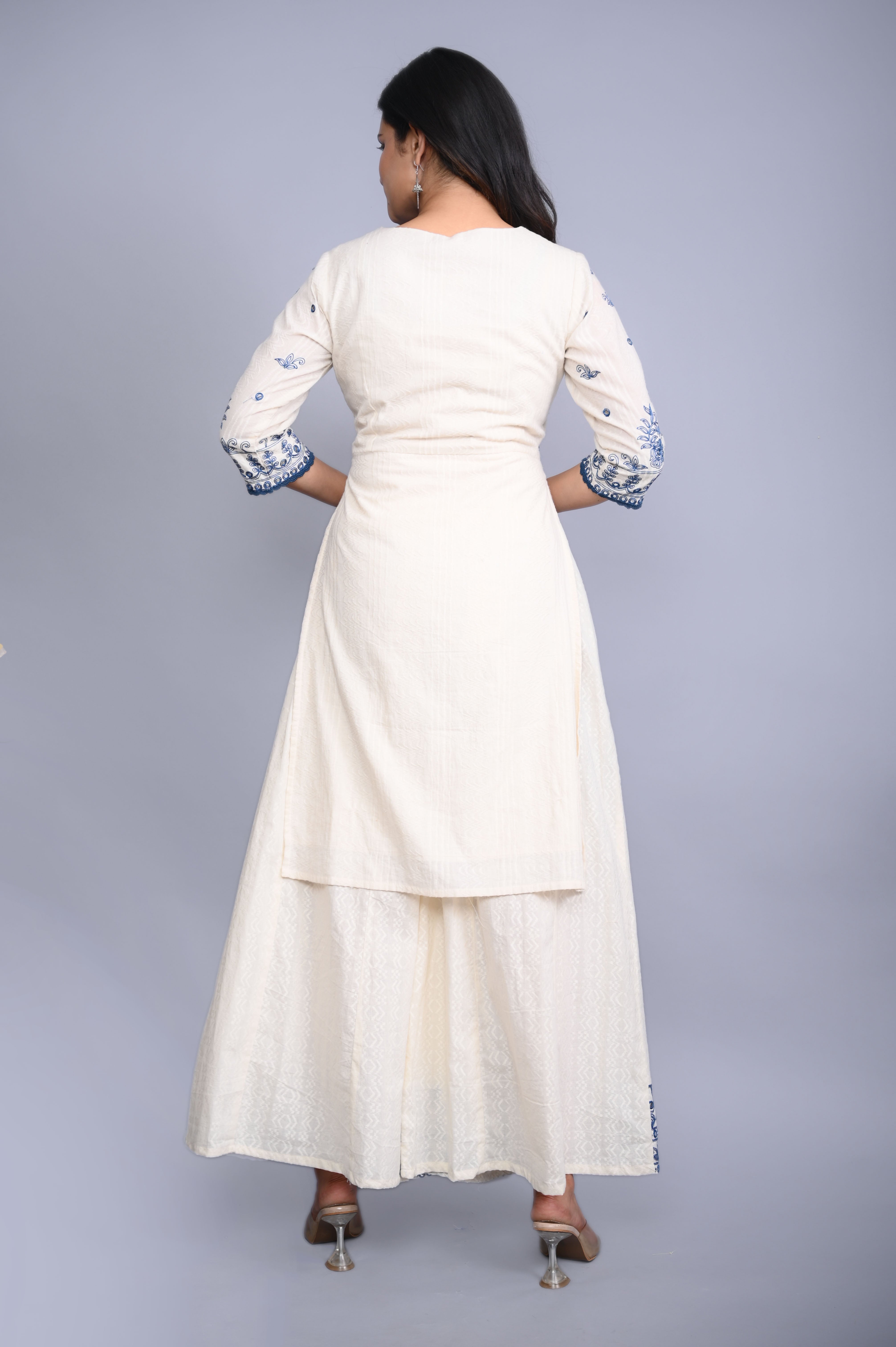 Juniper Women's White Cotton Dobby Embroidered Short Kurta Palazzo & Chiffon Dupatta - Distacart