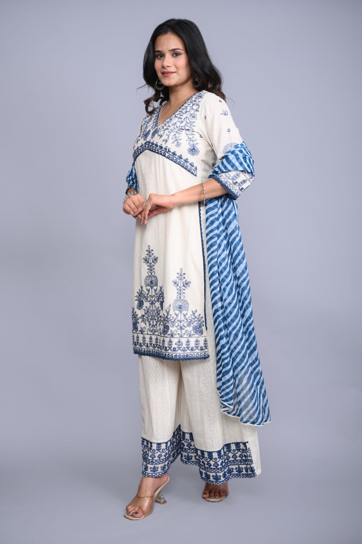 Juniper Women's White Cotton Dobby Embroidered Short Kurta Palazzo & Chiffon Dupatta - Distacart