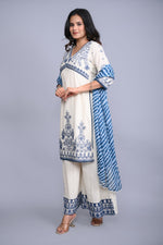 Thumbnail for Juniper Women's White Cotton Dobby Embroidered Short Kurta Palazzo & Chiffon Dupatta - Distacart
