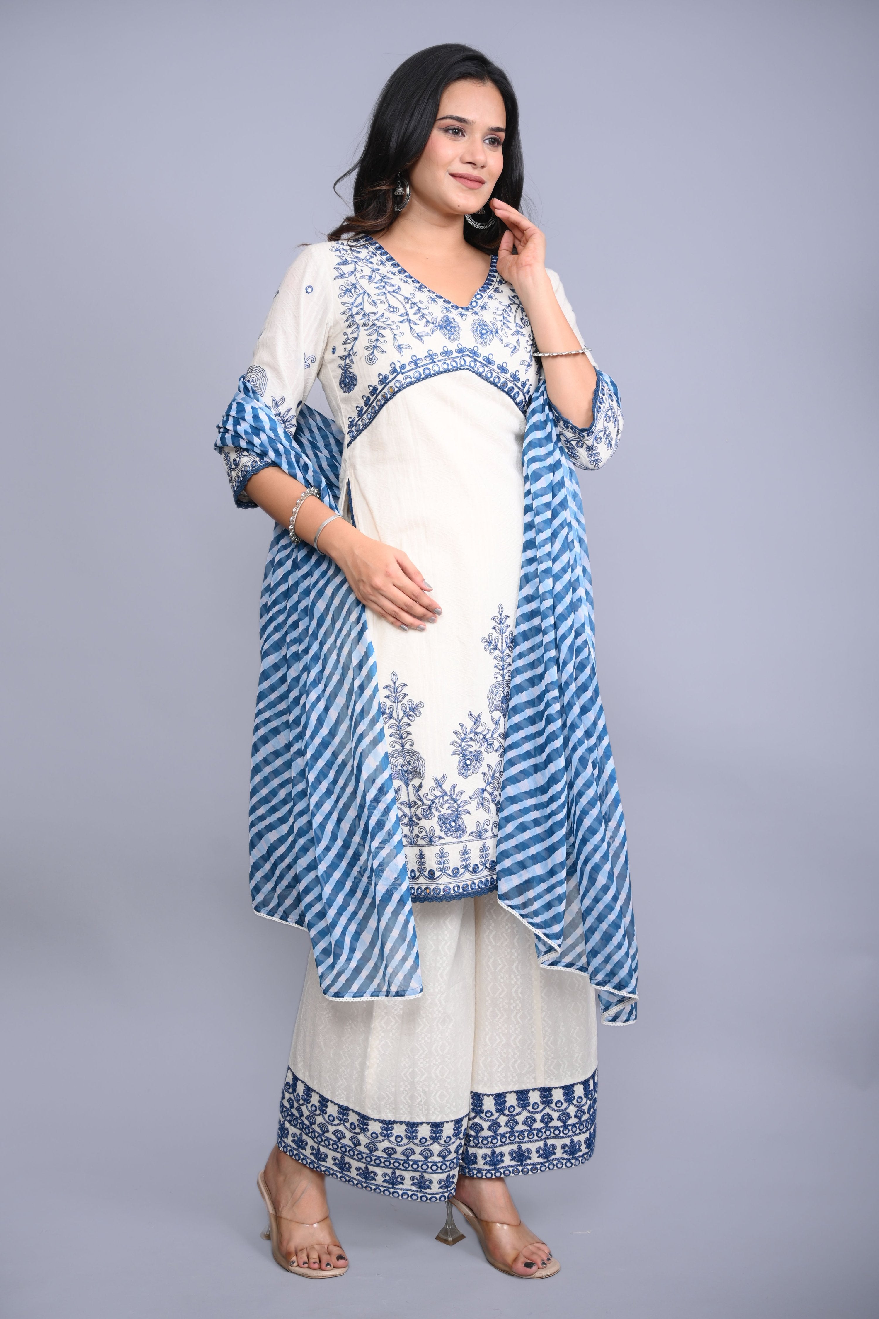 Juniper Women's White Cotton Dobby Embroidered Short Kurta Palazzo & Chiffon Dupatta - Distacart