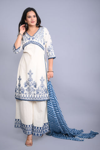 Juniper Women's White Cotton Dobby Embroidered Short Kurta Palazzo & Chiffon Dupatta - Distacart