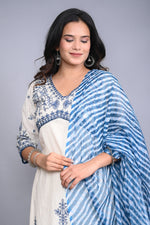 Thumbnail for Juniper Women's White Cotton Dobby Embroidered Short Kurta Palazzo & Chiffon Dupatta - Distacart