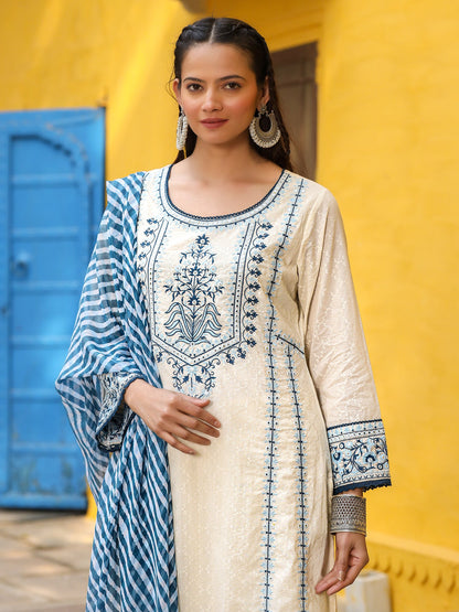 Juniper Women's White Pure Cotton Embroidered Kurta Set - Distacart