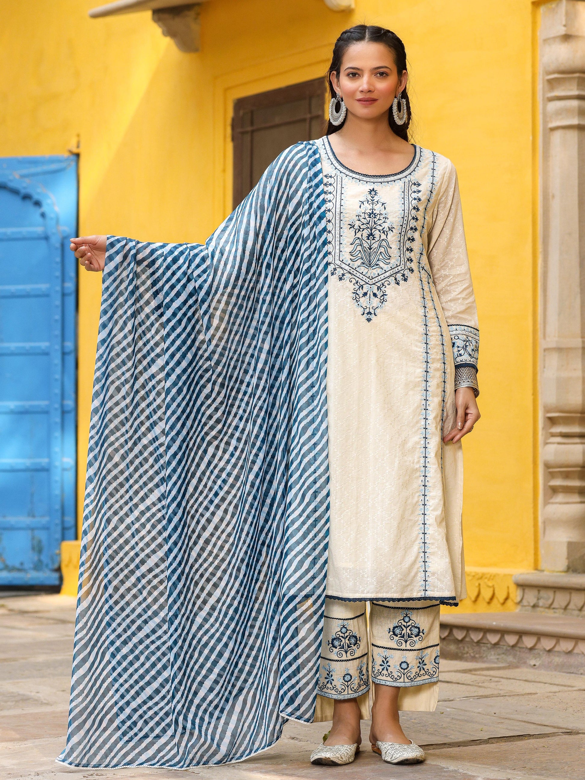 Juniper Women's White Pure Cotton Embroidered Kurta Set - Distacart