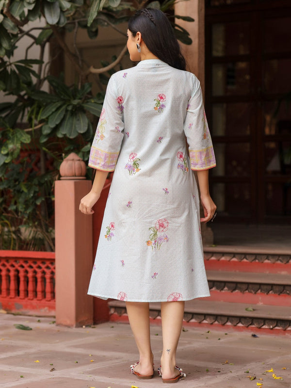 Juniper Mint Floral Printed Pure Cotton Dress With Sequins Work - Distacart