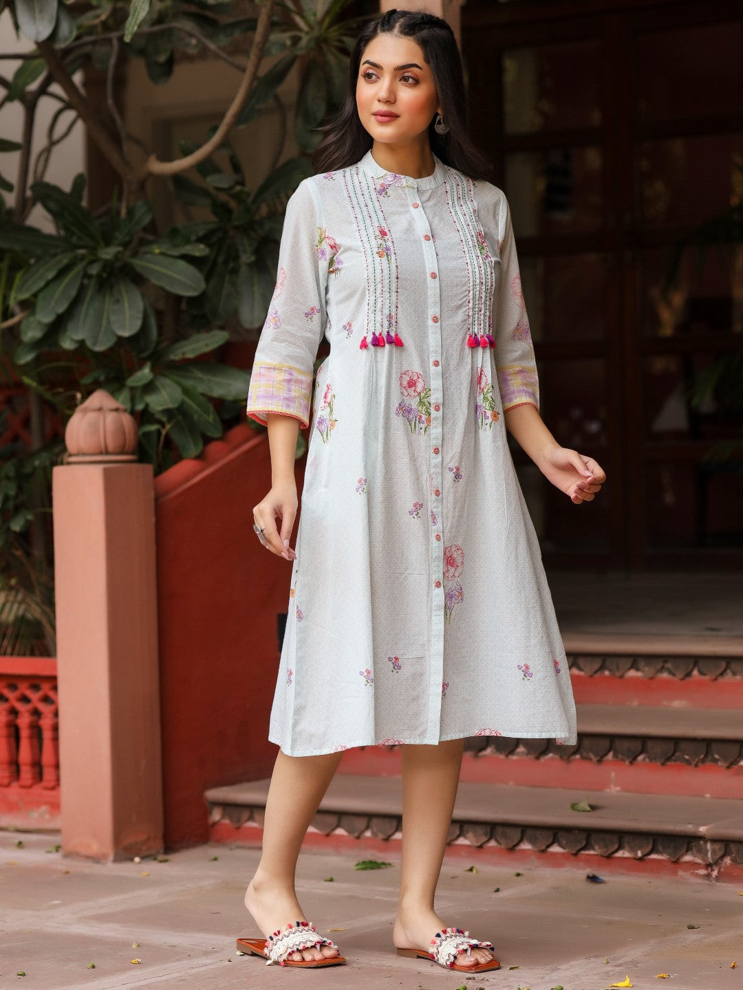 Juniper Mint Floral Printed Pure Cotton Dress With Sequins Work - Distacart