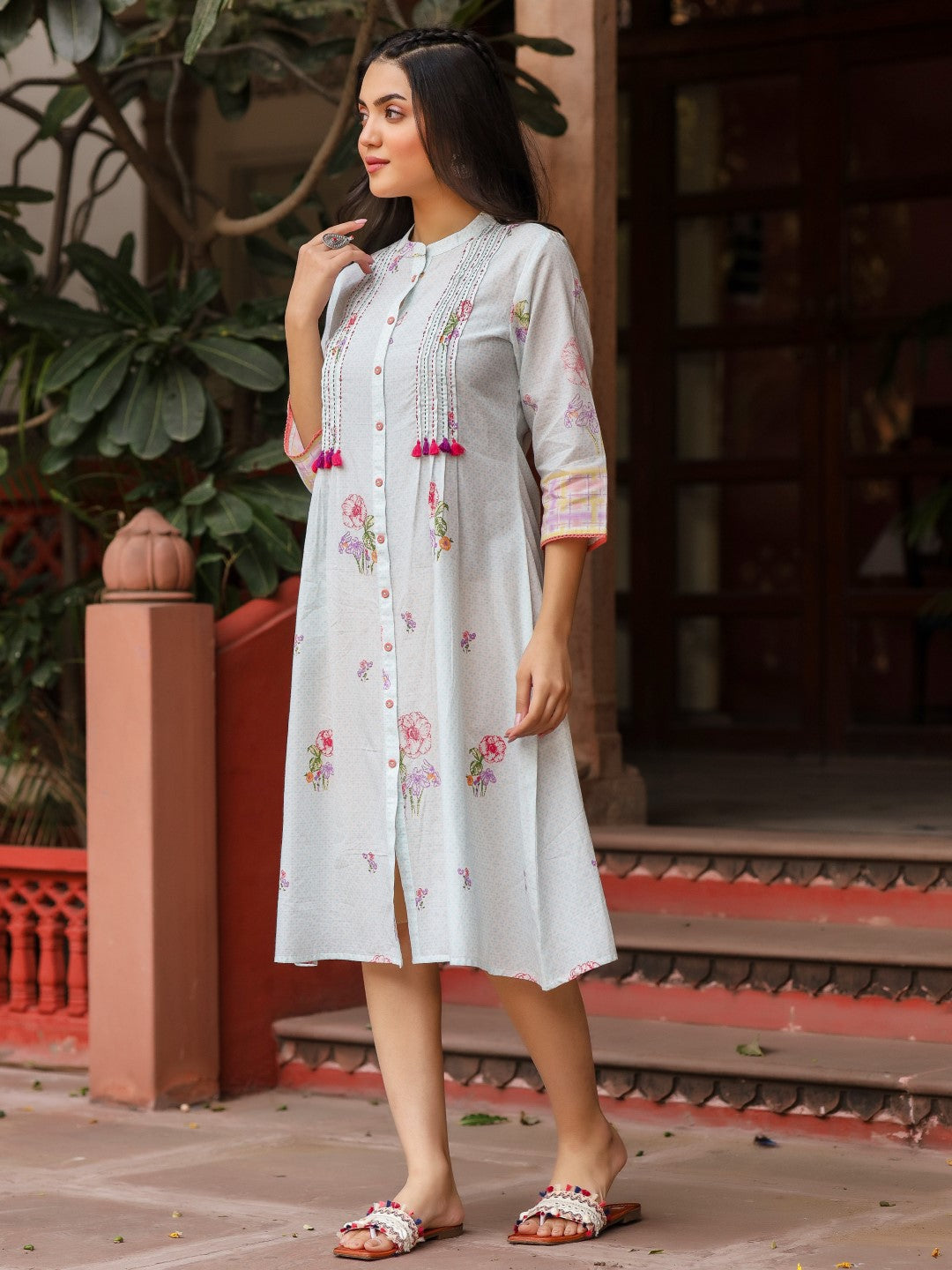 Juniper Mint Floral Printed Pure Cotton Dress With Sequins Work - Distacart