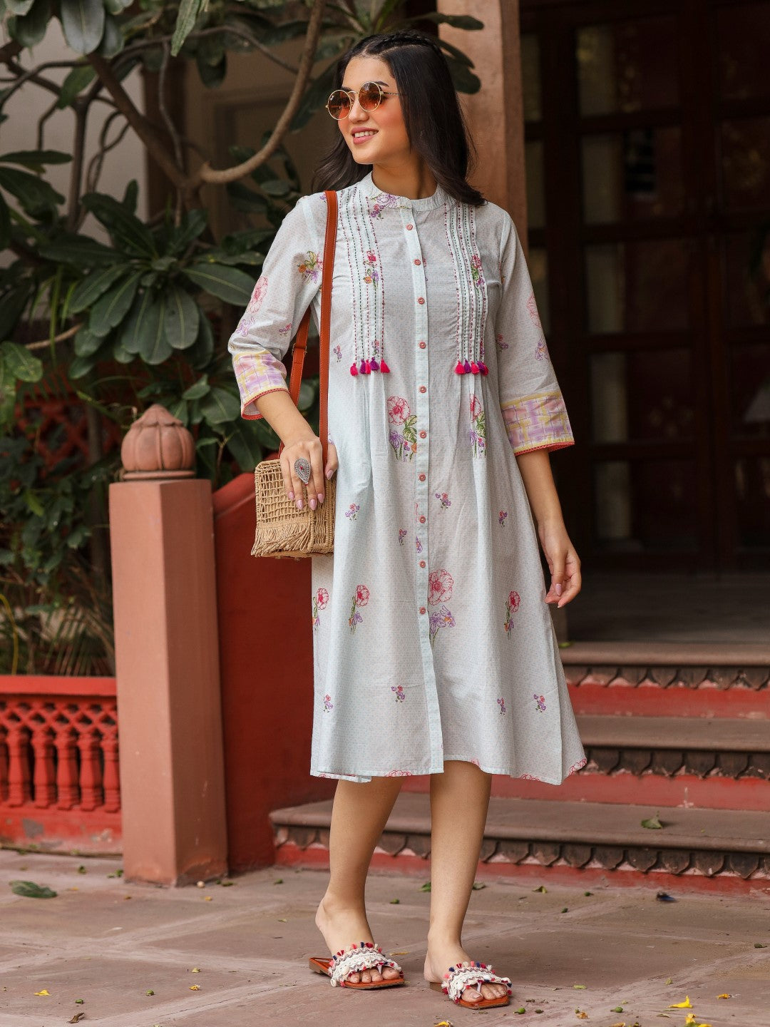Juniper Mint Floral Printed Pure Cotton Dress With Sequins Work - Distacart