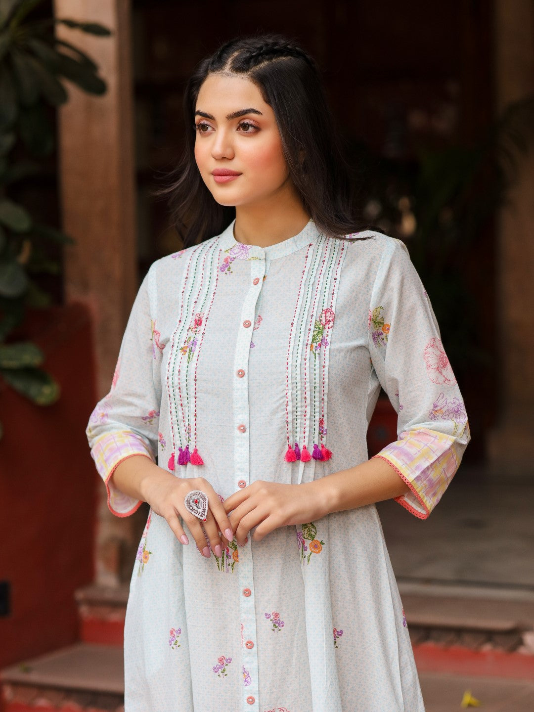 Juniper Mint Floral Printed Pure Cotton Dress With Sequins Work - Distacart