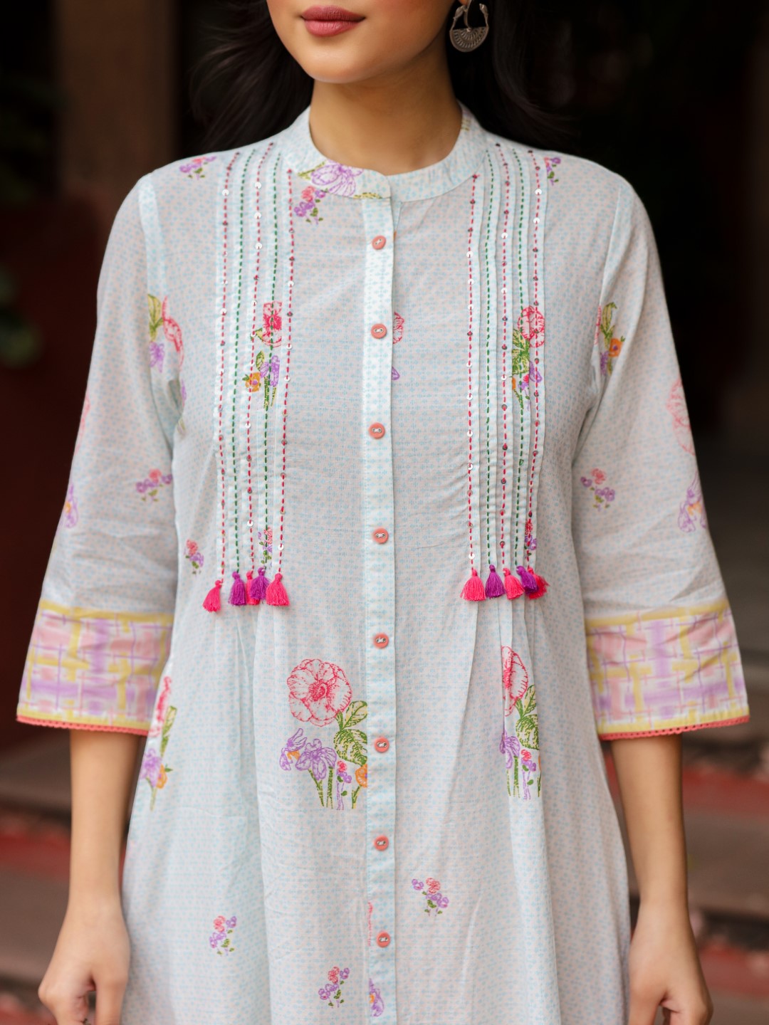 Juniper Mint Floral Printed Pure Cotton Dress With Sequins Work - Distacart