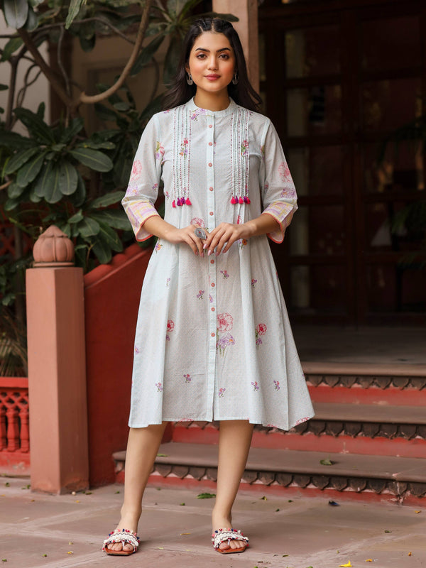 Juniper Mint Floral Printed Pure Cotton Dress With Sequins Work - Distacart