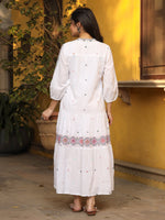 Thumbnail for Juniper White Pure Cotton Tiered Maxi Dress With Multi-Colored Embroidery Work - Distacart