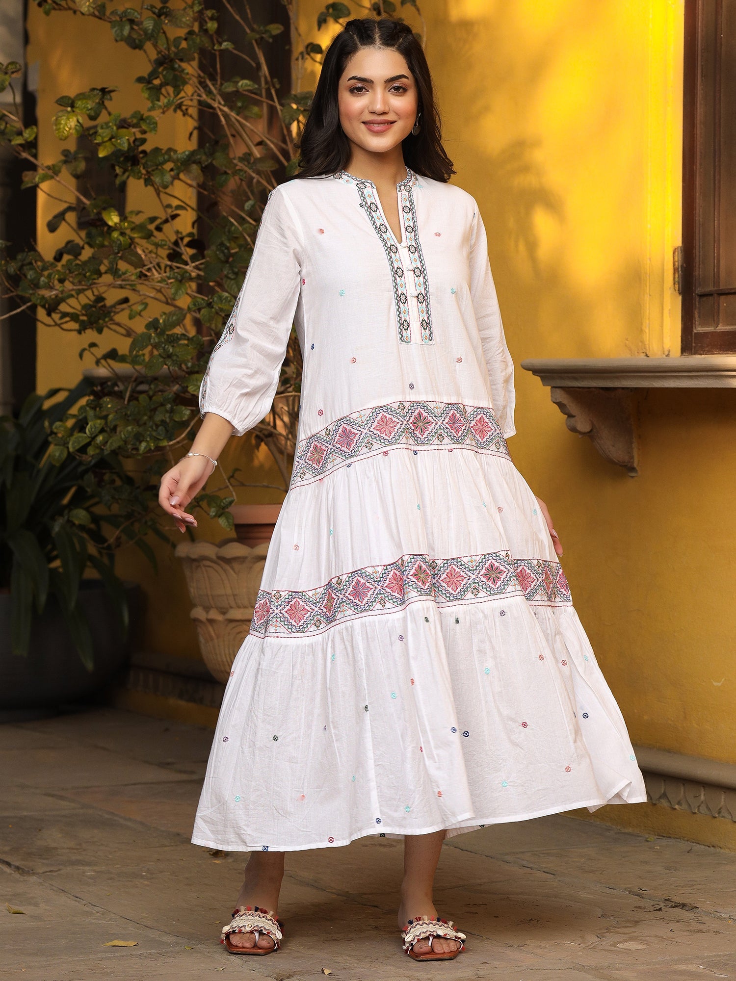 Juniper White Pure Cotton Tiered Maxi Dress With Multi-Colored Embroidery Work - Distacart