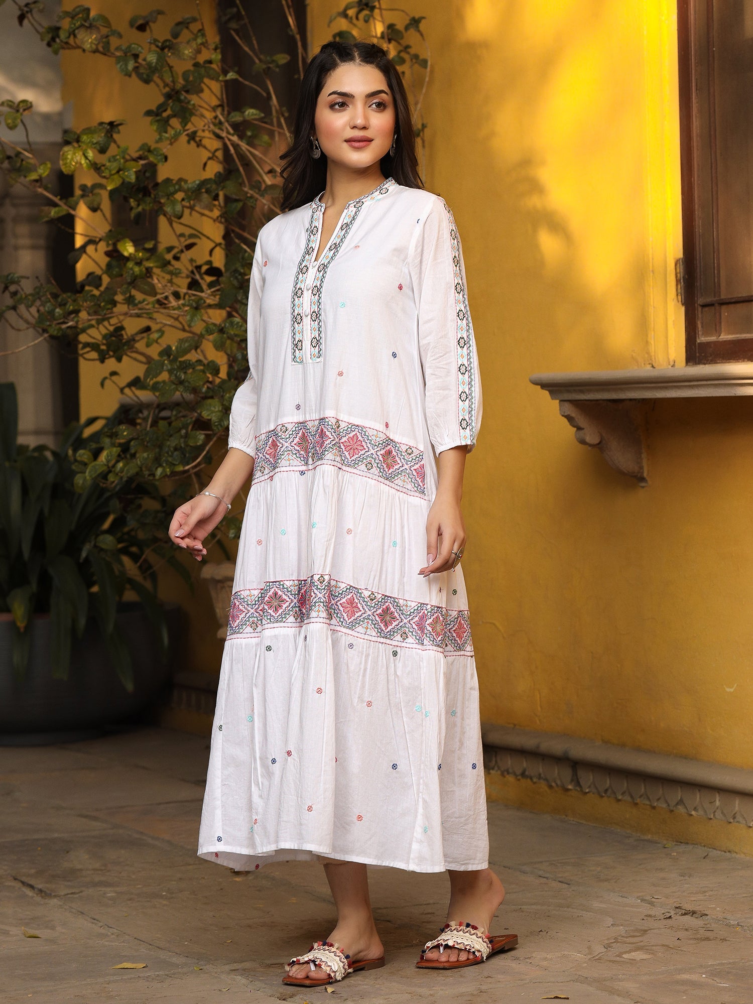 Juniper White Pure Cotton Tiered Maxi Dress With Multi-Colored Embroidery Work - Distacart