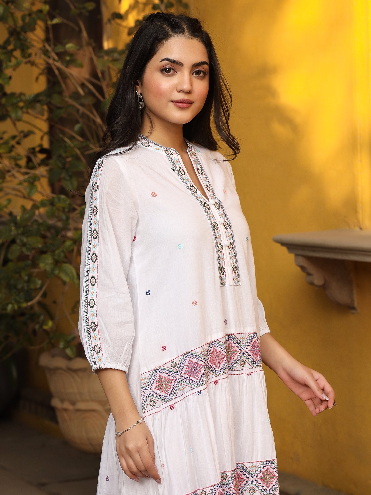 Juniper White Pure Cotton Tiered Maxi Dress With Multi-Colored Embroidery Work - Distacart