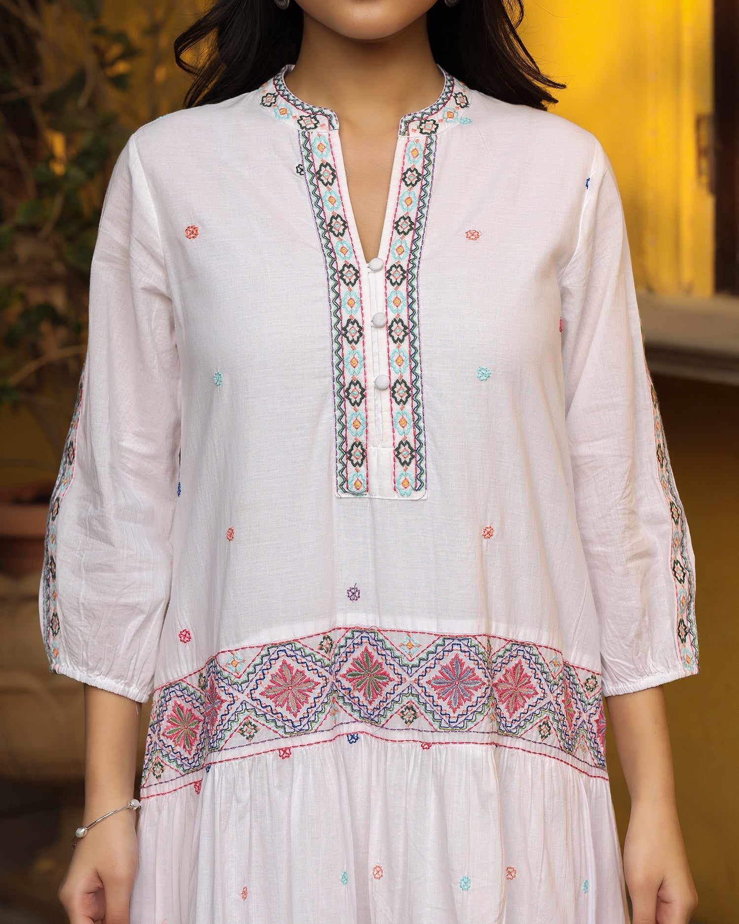 Juniper White Pure Cotton Tiered Maxi Dress With Multi-Colored Embroidery Work - Distacart