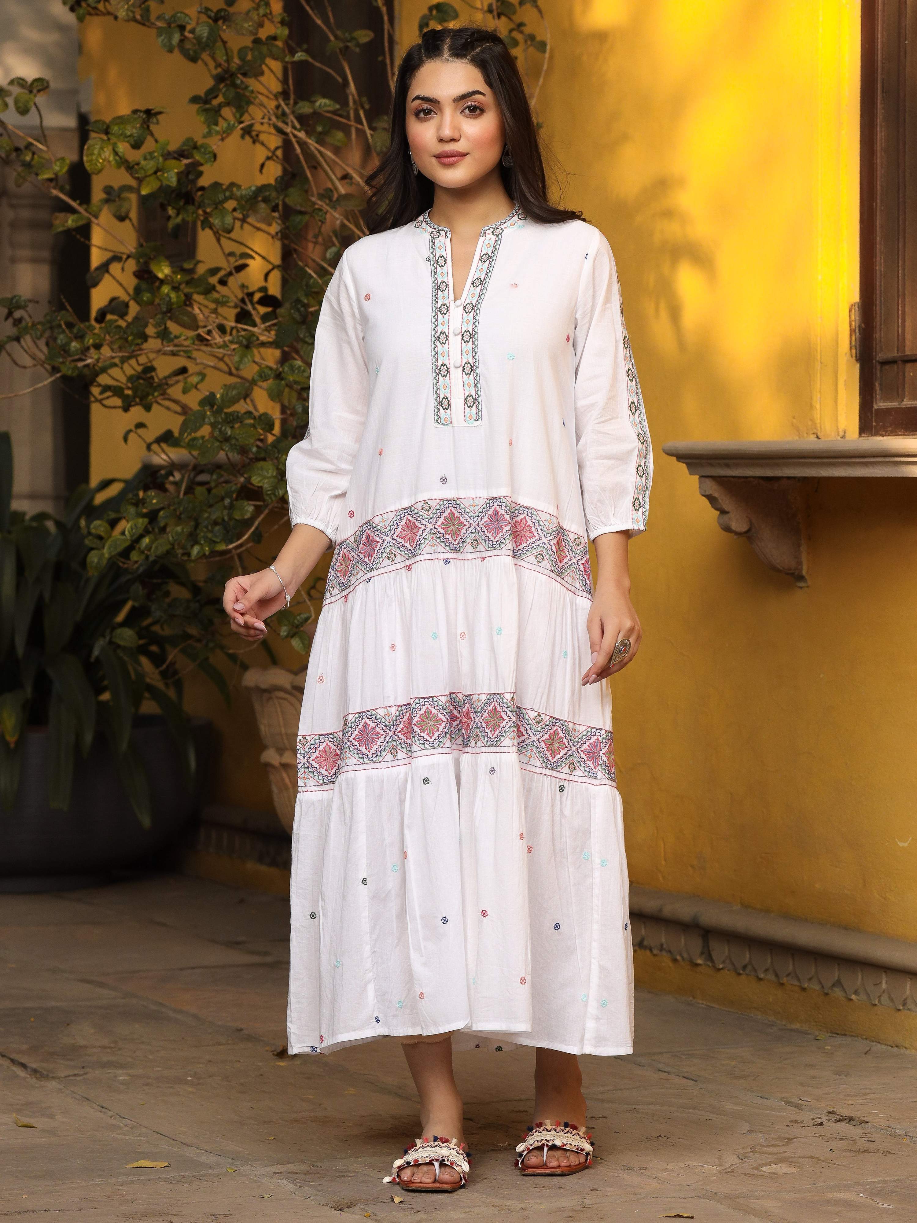 Juniper White Pure Cotton Tiered Maxi Dress With Multi-Colored Embroidery Work - Distacart