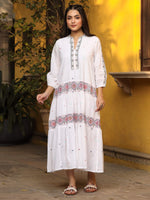Thumbnail for Juniper White Pure Cotton Tiered Maxi Dress With Multi-Colored Embroidery Work - Distacart