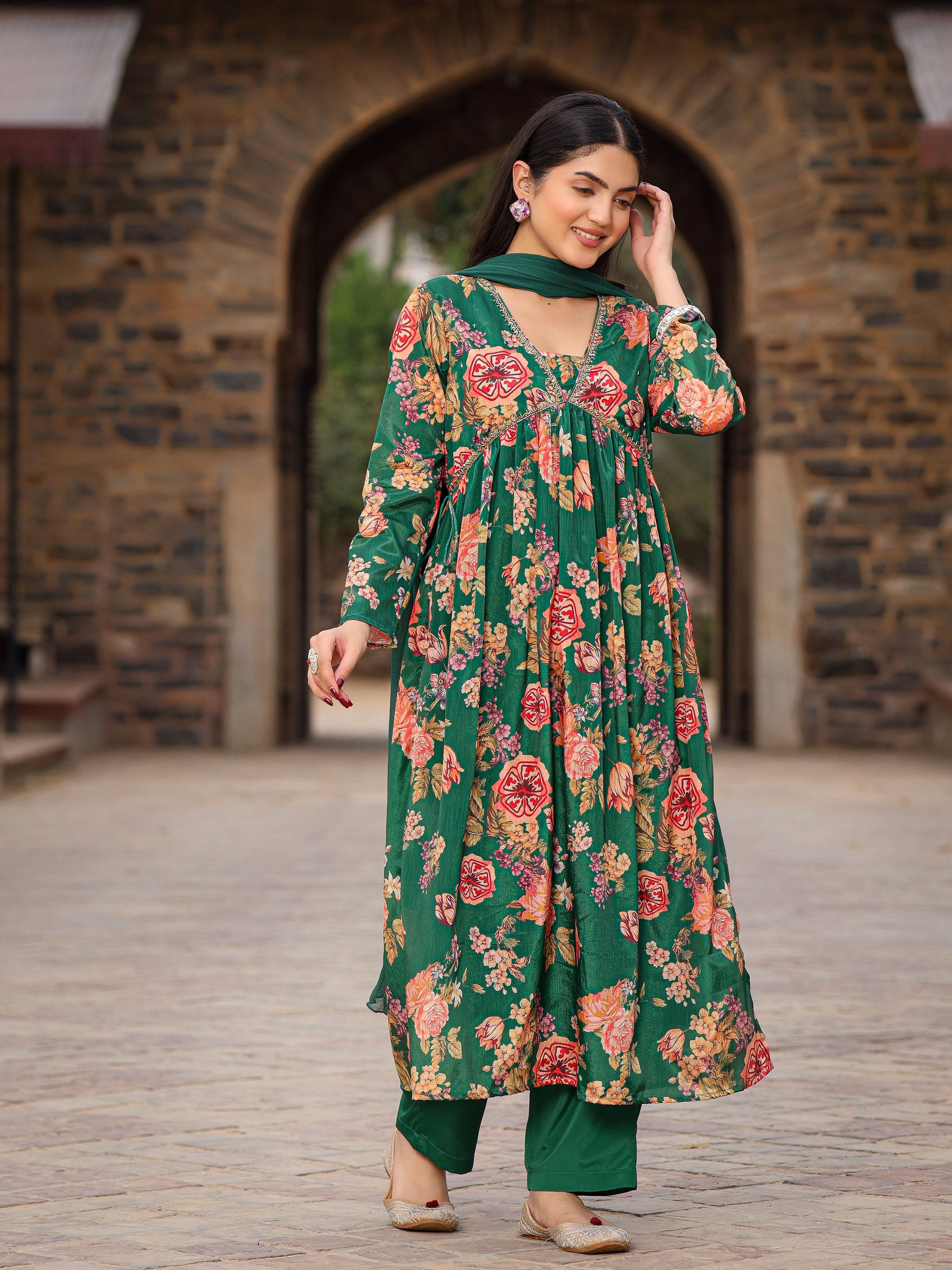 Juniper Green Floral Printed Poly Chinnon Kurta Pants & Dupatta Set With Mirror Work Embroidery - Distacart