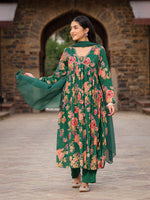 Thumbnail for Juniper Green Floral Printed Poly Chinnon Kurta Pants & Dupatta Set With Mirror Work Embroidery - Distacart