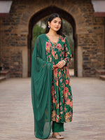 Thumbnail for Juniper Green Floral Printed Poly Chinnon Kurta Pants & Dupatta Set With Mirror Work Embroidery - Distacart