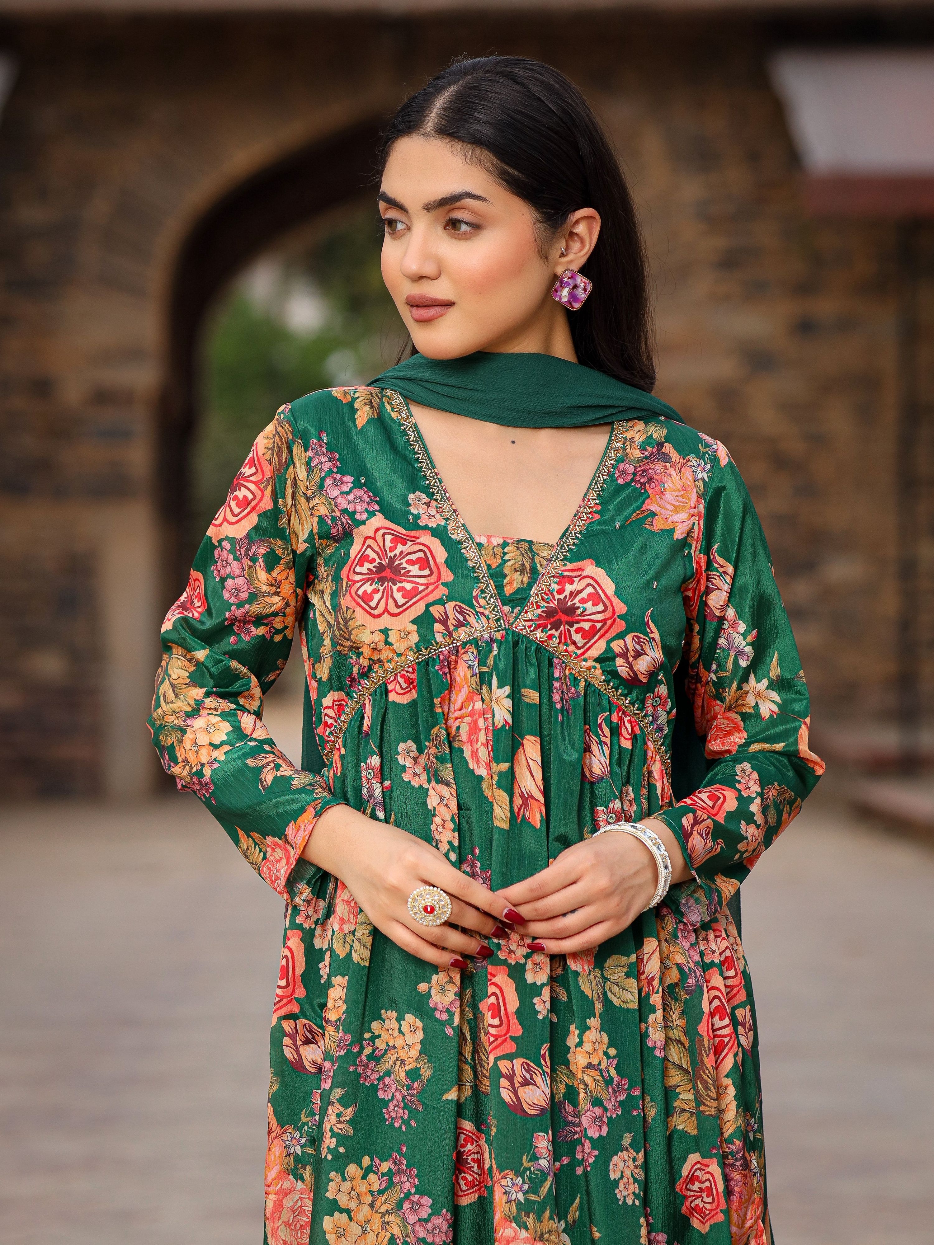 Juniper Green Floral Printed Poly Chinnon Kurta Pants & Dupatta Set With Mirror Work Embroidery - Distacart