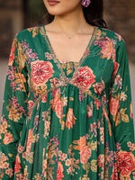 Thumbnail for Juniper Green Floral Printed Poly Chinnon Kurta Pants & Dupatta Set With Mirror Work Embroidery - Distacart