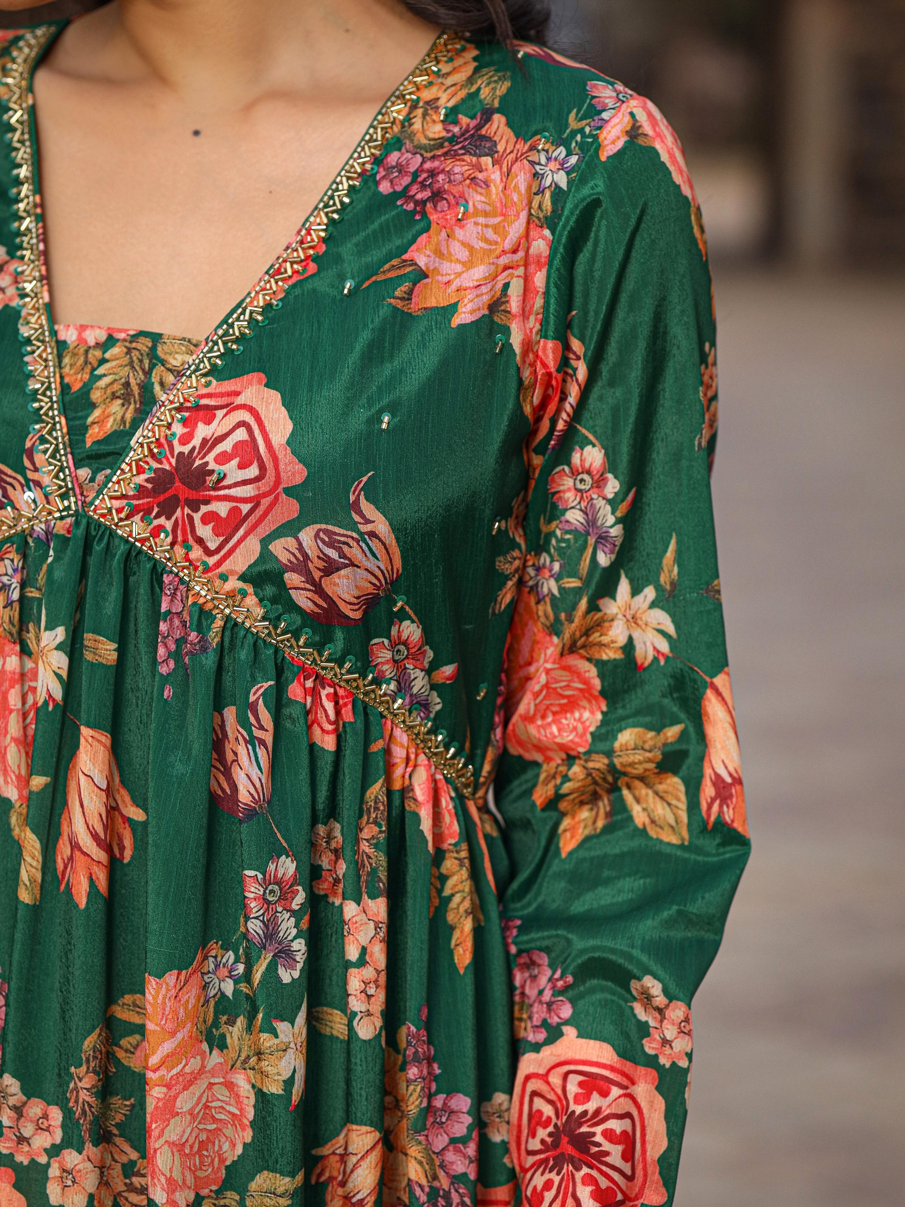 Juniper Green Floral Printed Poly Chinnon Kurta Pants & Dupatta Set With Mirror Work Embroidery - Distacart