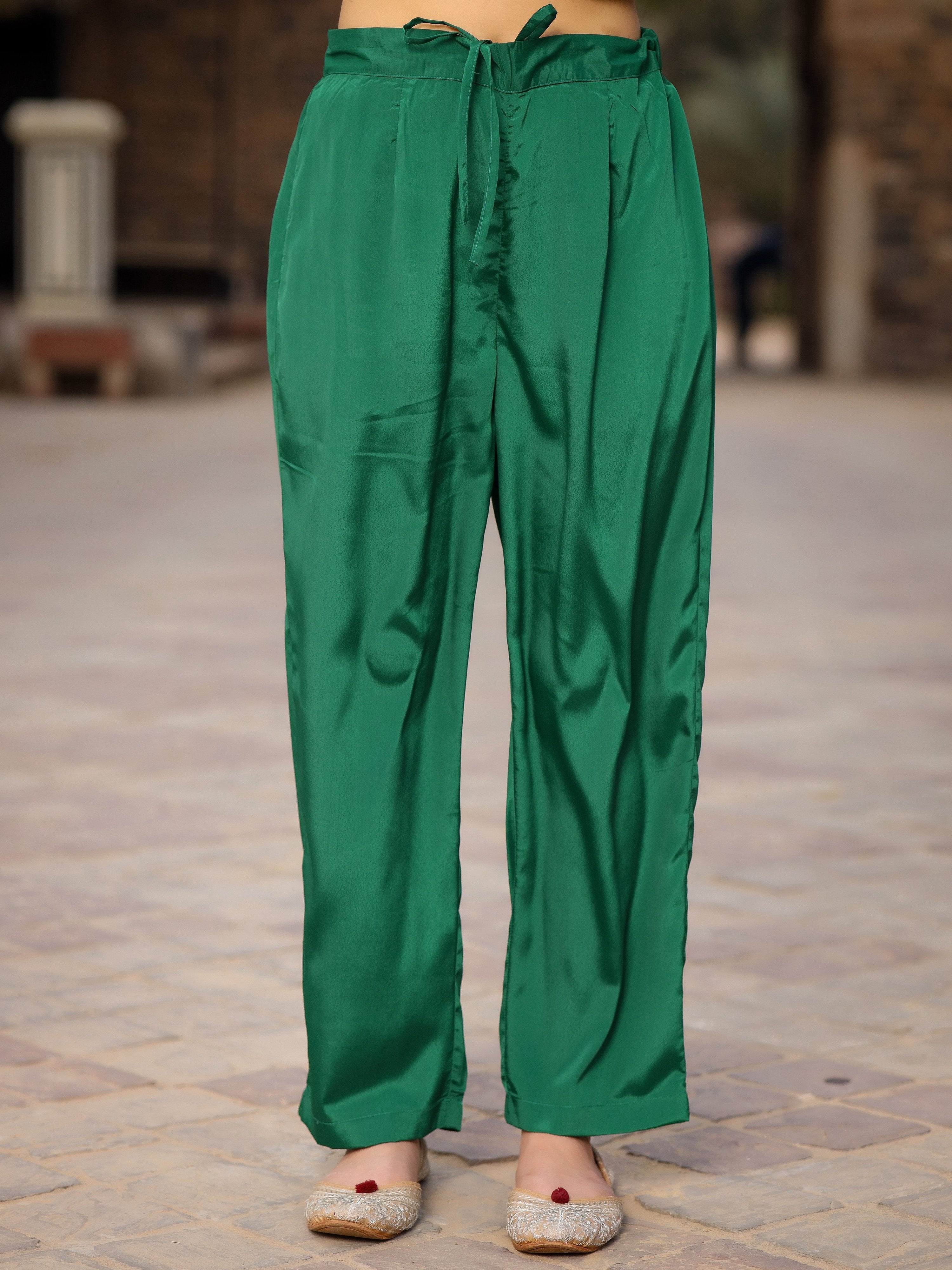 Juniper Green Floral Printed Poly Chinnon Kurta Pants & Dupatta Set With Mirror Work Embroidery - Distacart