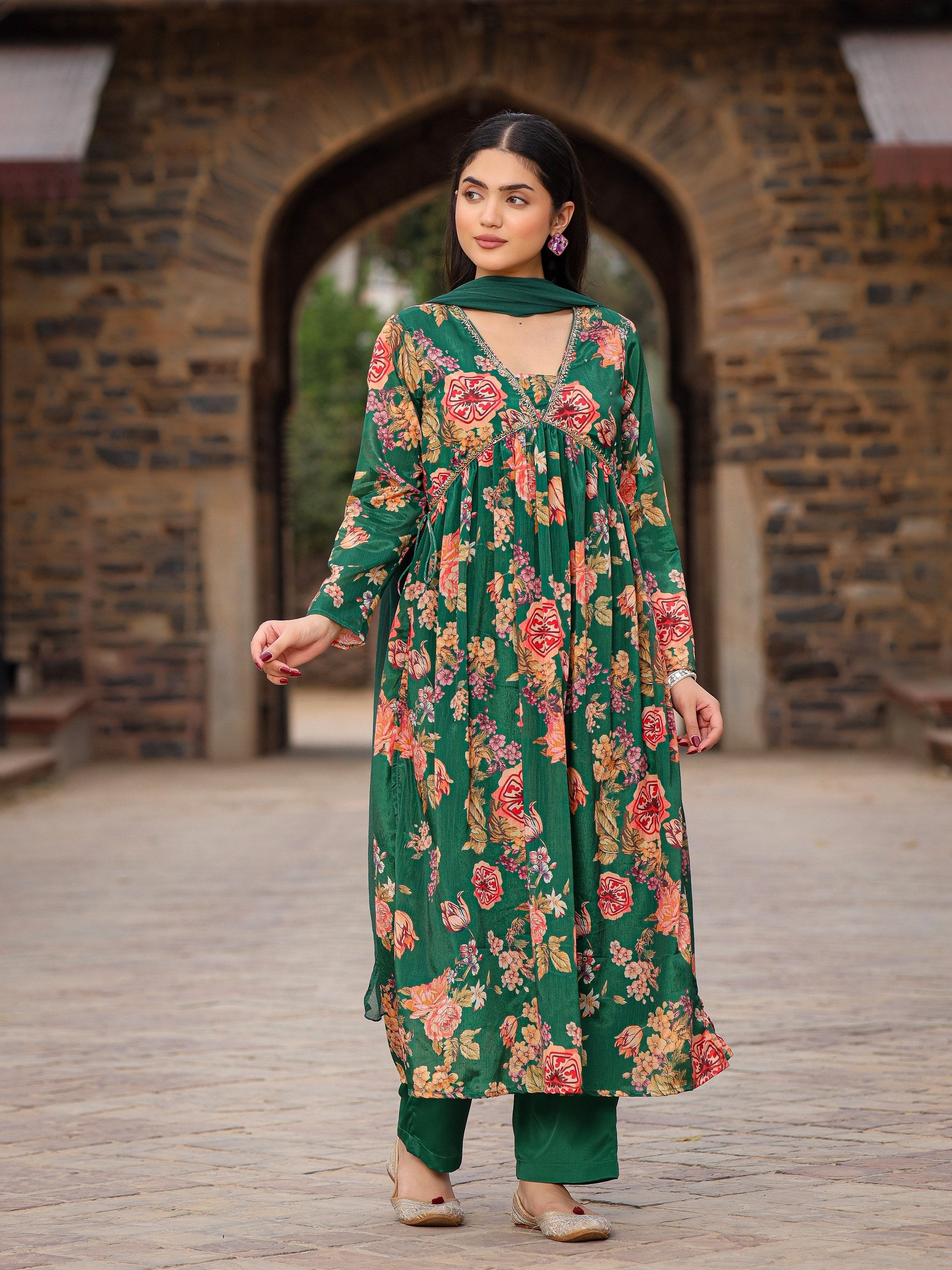 Juniper Green Floral Printed Poly Chinnon Kurta Pants & Dupatta Set With Mirror Work Embroidery - Distacart