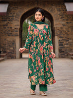 Thumbnail for Juniper Green Floral Printed Poly Chinnon Kurta Pants & Dupatta Set With Mirror Work Embroidery - Distacart