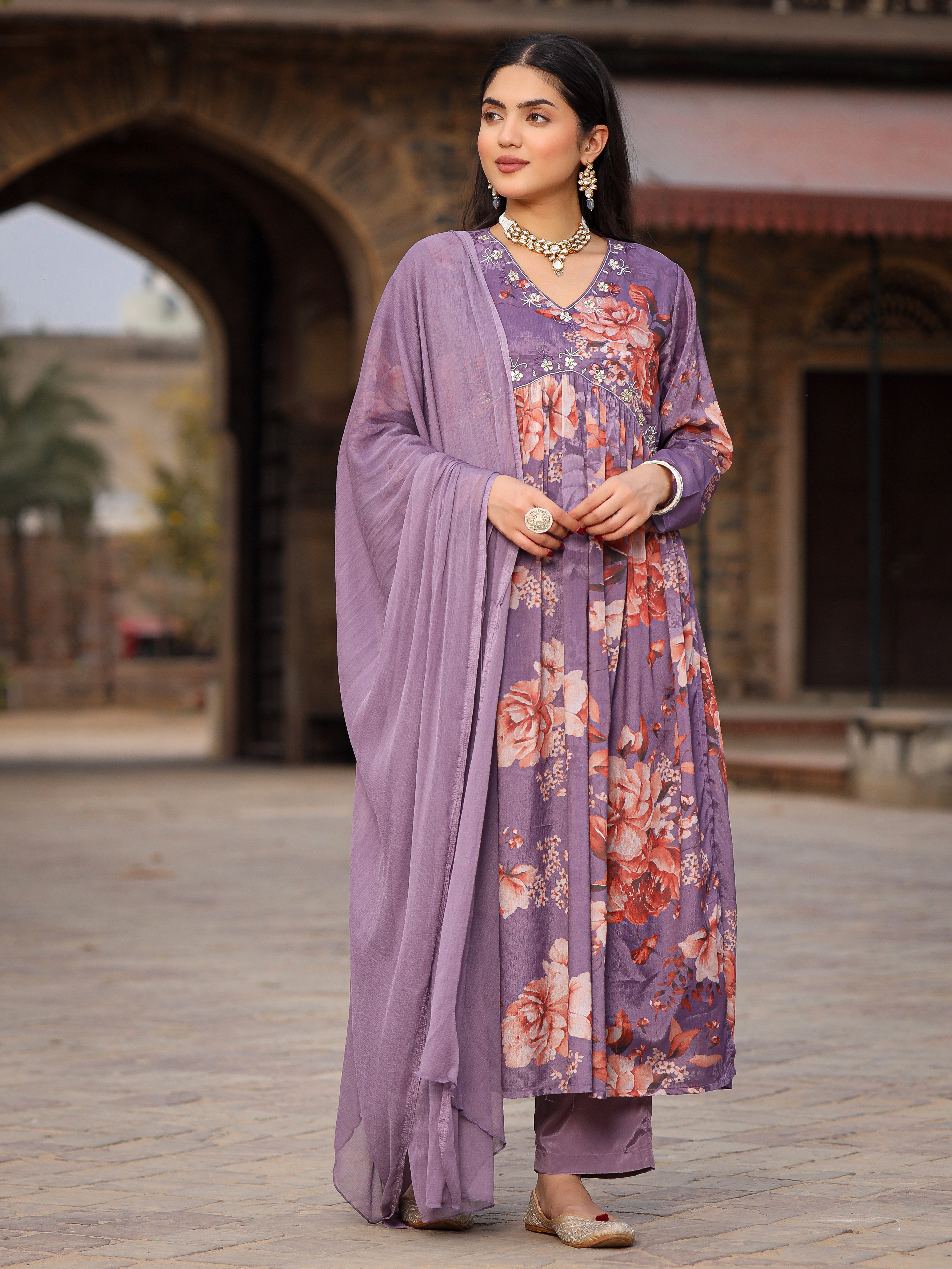Juniper Mauve Floral Printed Poly Chinnon Kurta Pants & Dupatta Set With Mirror Work Embroidery - Distacart