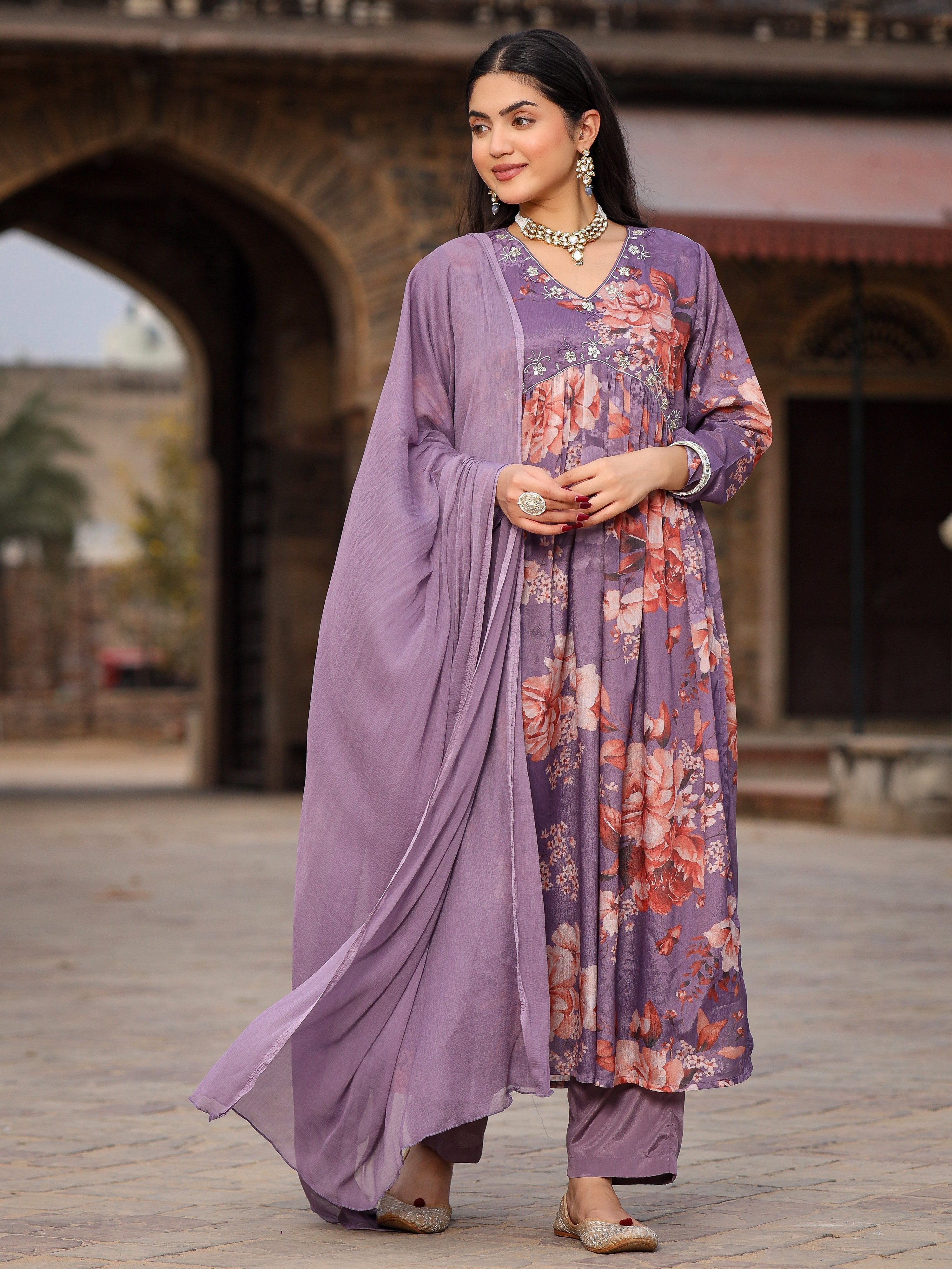 Juniper Mauve Floral Printed Poly Chinnon Kurta Pants & Dupatta Set With Mirror Work Embroidery - Distacart