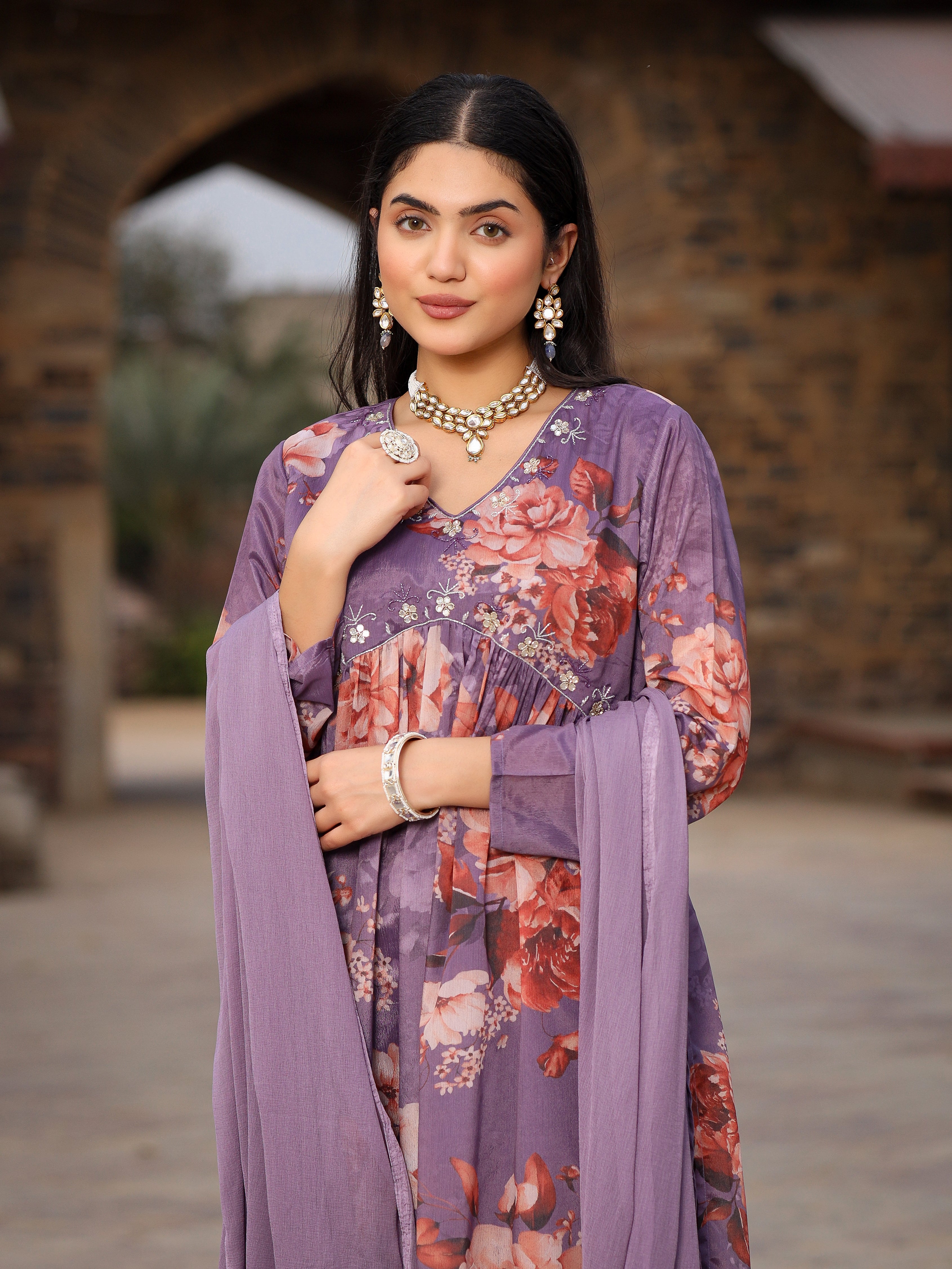 Juniper Mauve Floral Printed Poly Chinnon Kurta Pants & Dupatta Set With Mirror Work Embroidery - Distacart