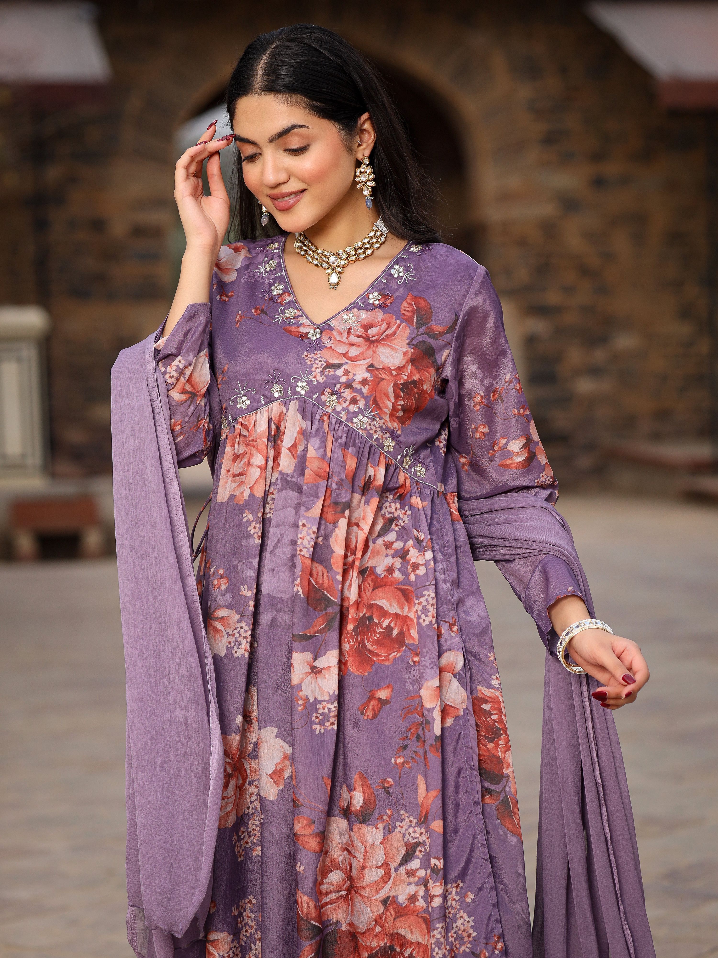 Juniper Mauve Floral Printed Poly Chinnon Kurta Pants & Dupatta Set With Mirror Work Embroidery - Distacart