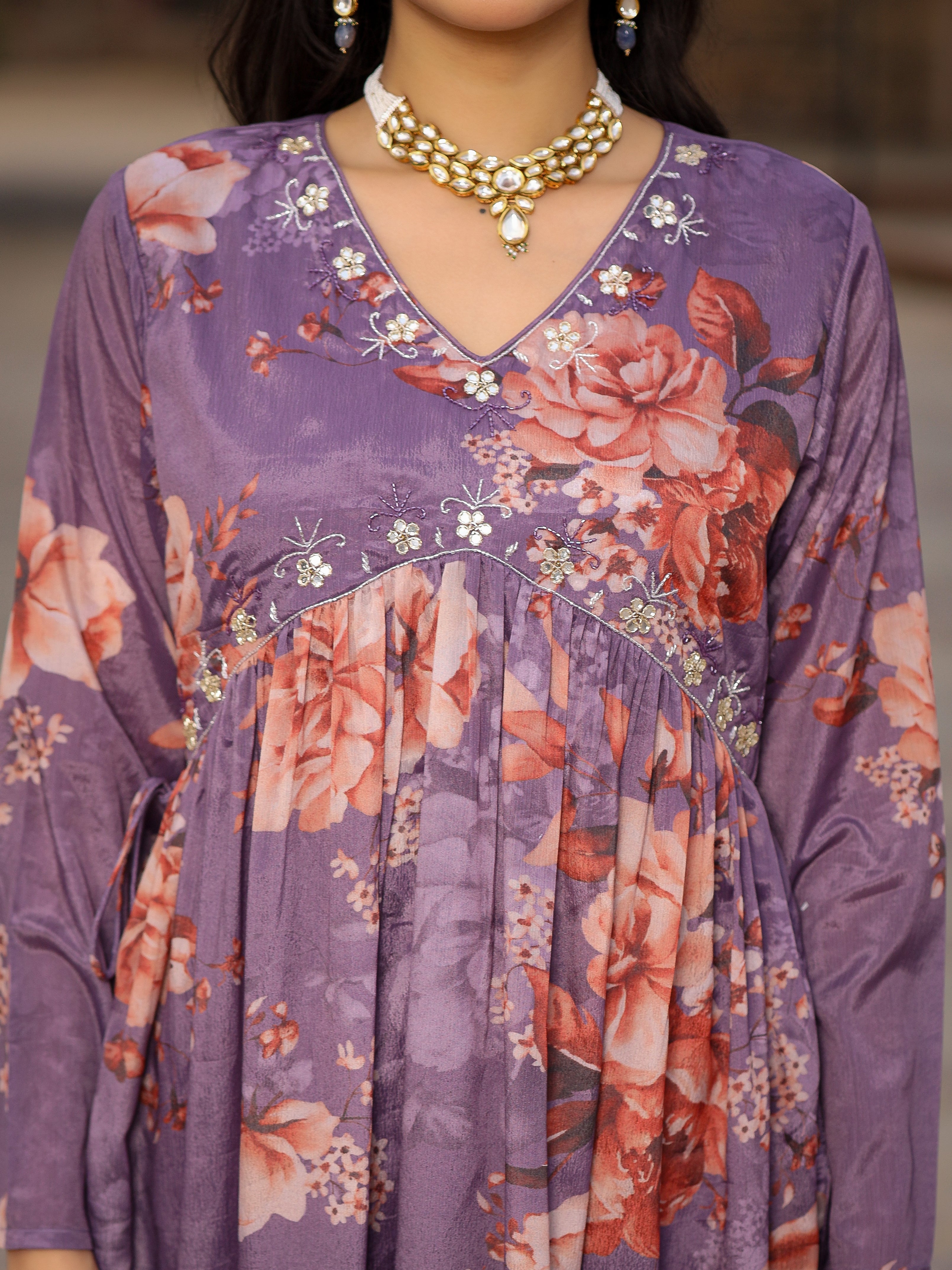 Juniper Mauve Floral Printed Poly Chinnon Kurta Pants & Dupatta Set With Mirror Work Embroidery - Distacart