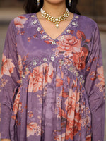 Thumbnail for Juniper Mauve Floral Printed Poly Chinnon Kurta Pants & Dupatta Set With Mirror Work Embroidery - Distacart