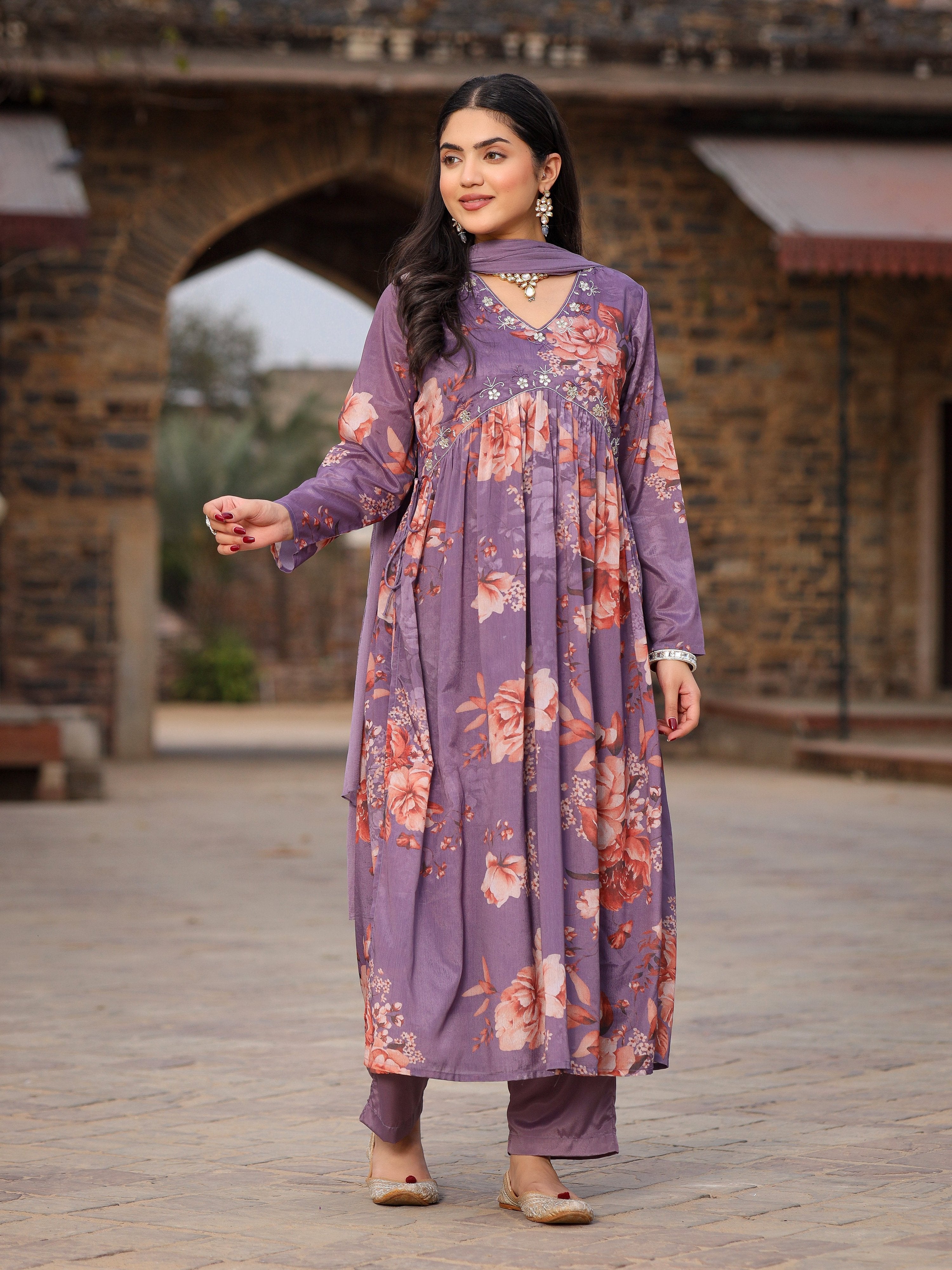 Juniper Mauve Floral Printed Poly Chinnon Kurta Pants & Dupatta Set With Mirror Work Embroidery - Distacart