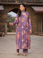 Thumbnail for Juniper Mauve Floral Printed Poly Chinnon Kurta Pants & Dupatta Set With Mirror Work Embroidery - Distacart