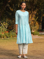 Thumbnail for Juniper Powder Blue Solid A-Line Schiffli Kurta - Distacart