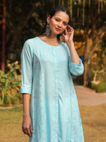 Thumbnail for Juniper Powder Blue Solid A-Line Schiffli Kurta - Distacart