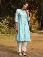Thumbnail for Juniper Powder Blue Solid A-Line Schiffli Kurta - Distacart