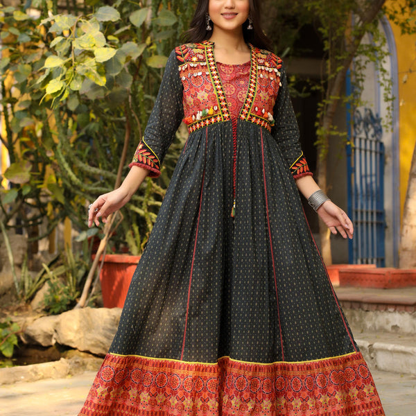 Juniper Women's Black Cotton Ethnic Motif Printed Fit & Flare Layered Maxi Dress With Thread Embroidery & Tassels - Distacart