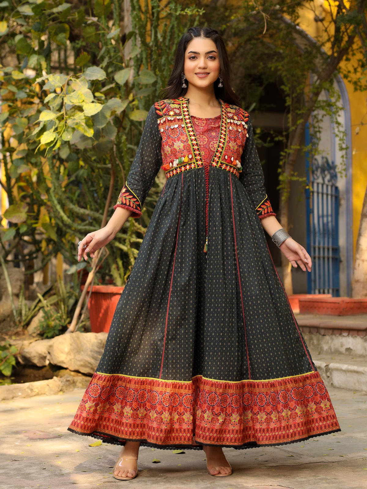 Juniper Women's Black Cotton Ethnic Motif Printed Fit & Flare Layered Maxi Dress With Thread Embroidery & Tassels - Distacart